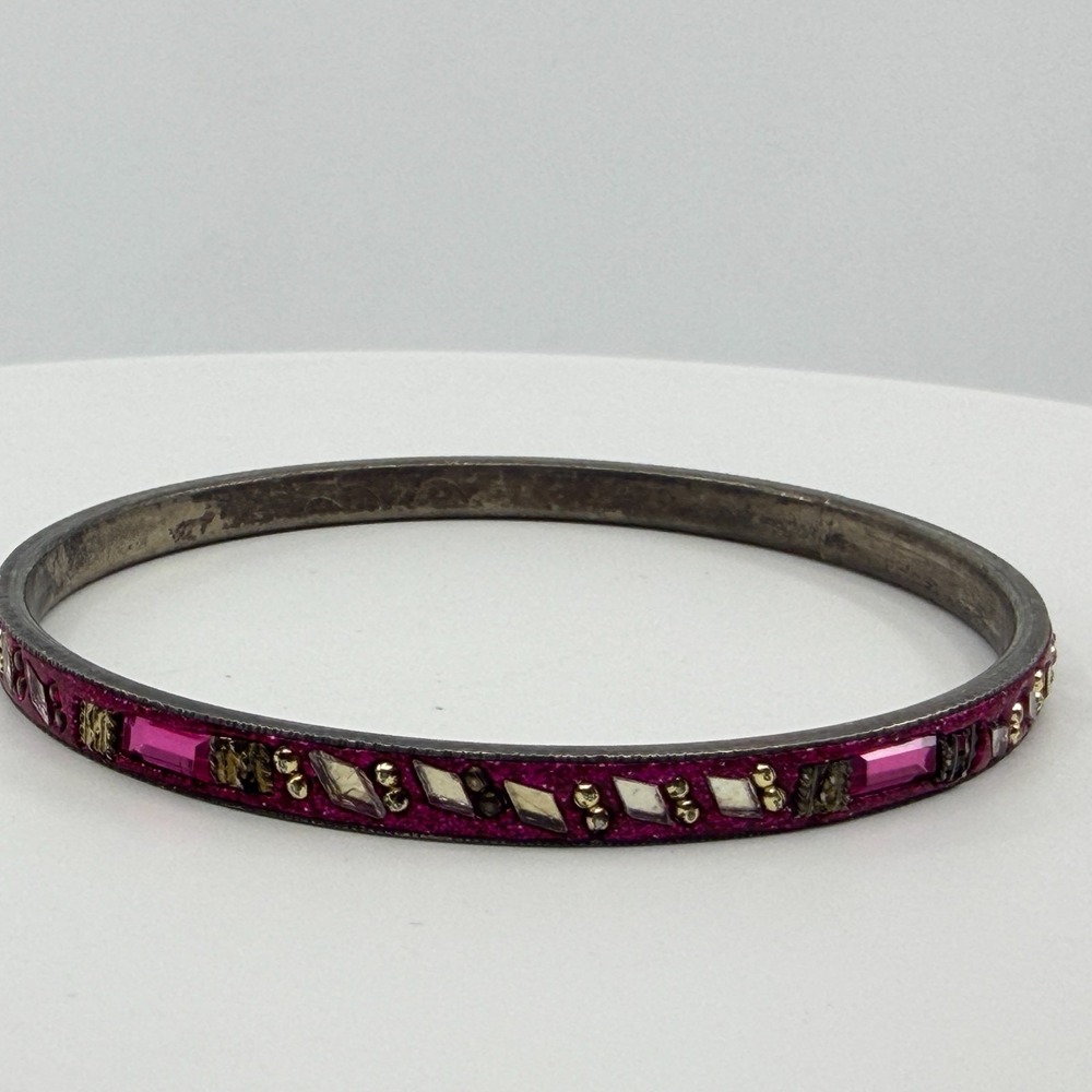 Bohemian Hot Pink Glitter Bangle Bracelet Silver Tone Embellished Stack Band